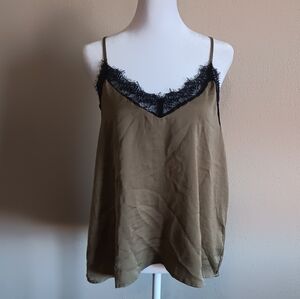 Y2K Fairy Grunge Olive & Black Trim Silky Cami Size Medium, Tank Top Lightweight